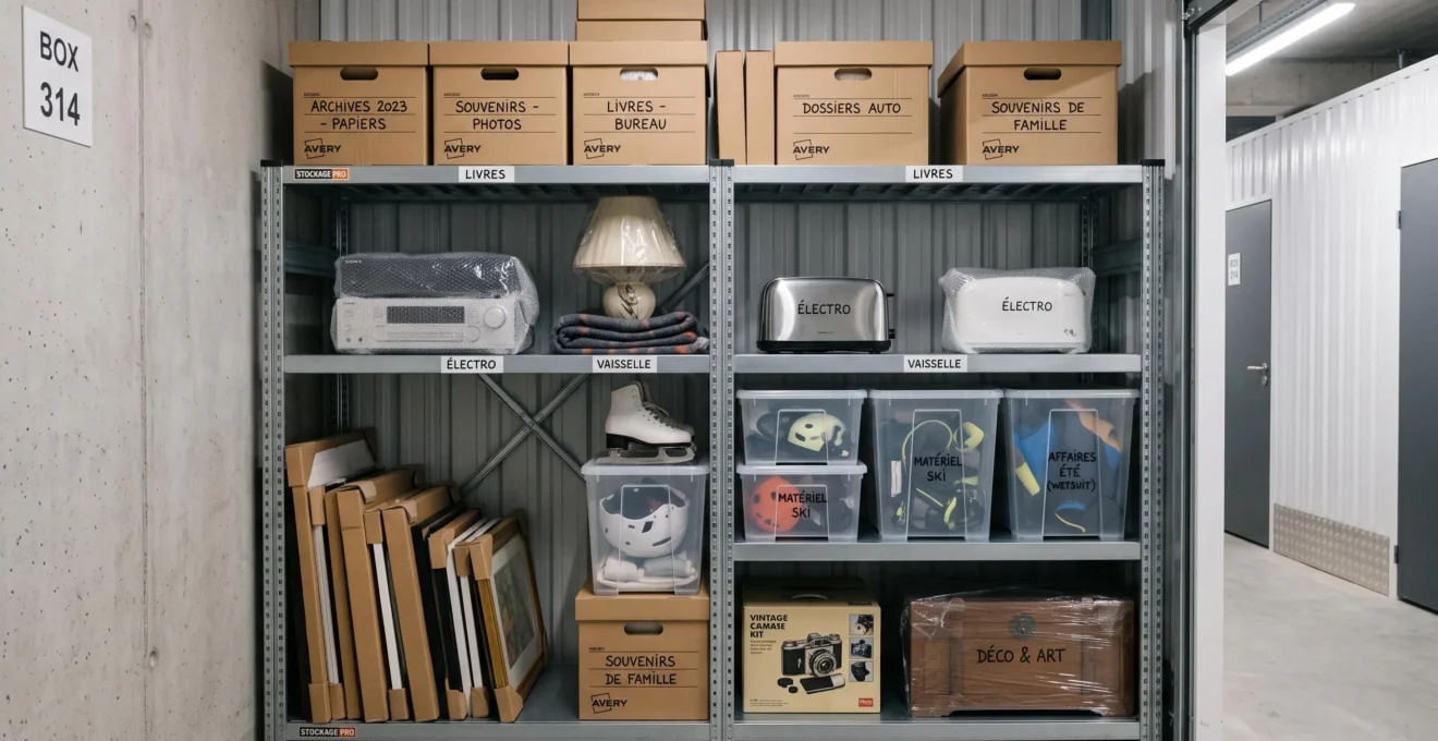 Étagère métallique dans un box de stockage avec cartons d'archives étiquetés, appareils protégés et bacs de rangement transparents