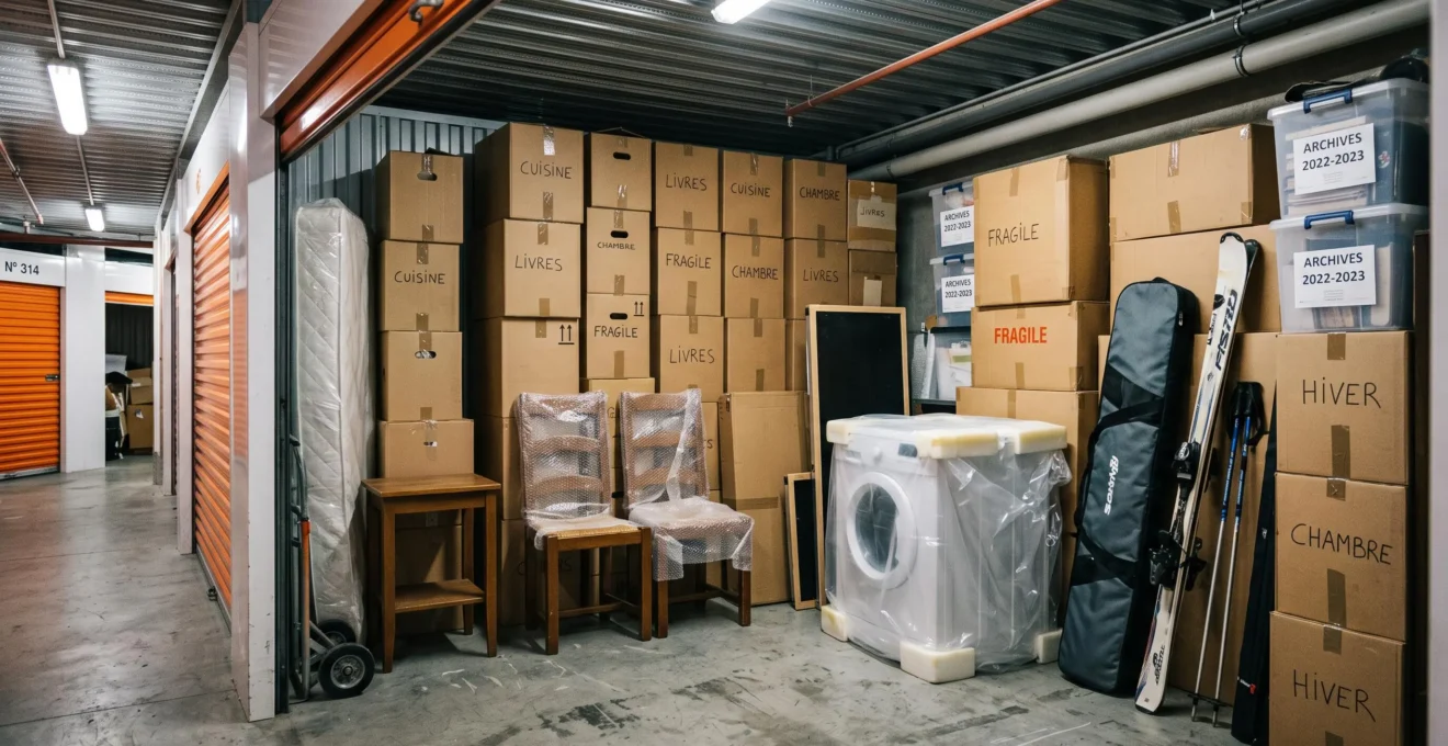 Intérieur d'un box de self-stockage rempli de cartons de déménagement, meubles et objets divers soigneusement rangés