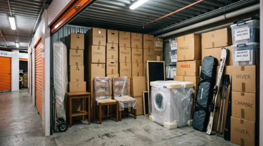 Intérieur d'un box de self-stockage rempli de cartons de déménagement, meubles et objets divers soigneusement rangés