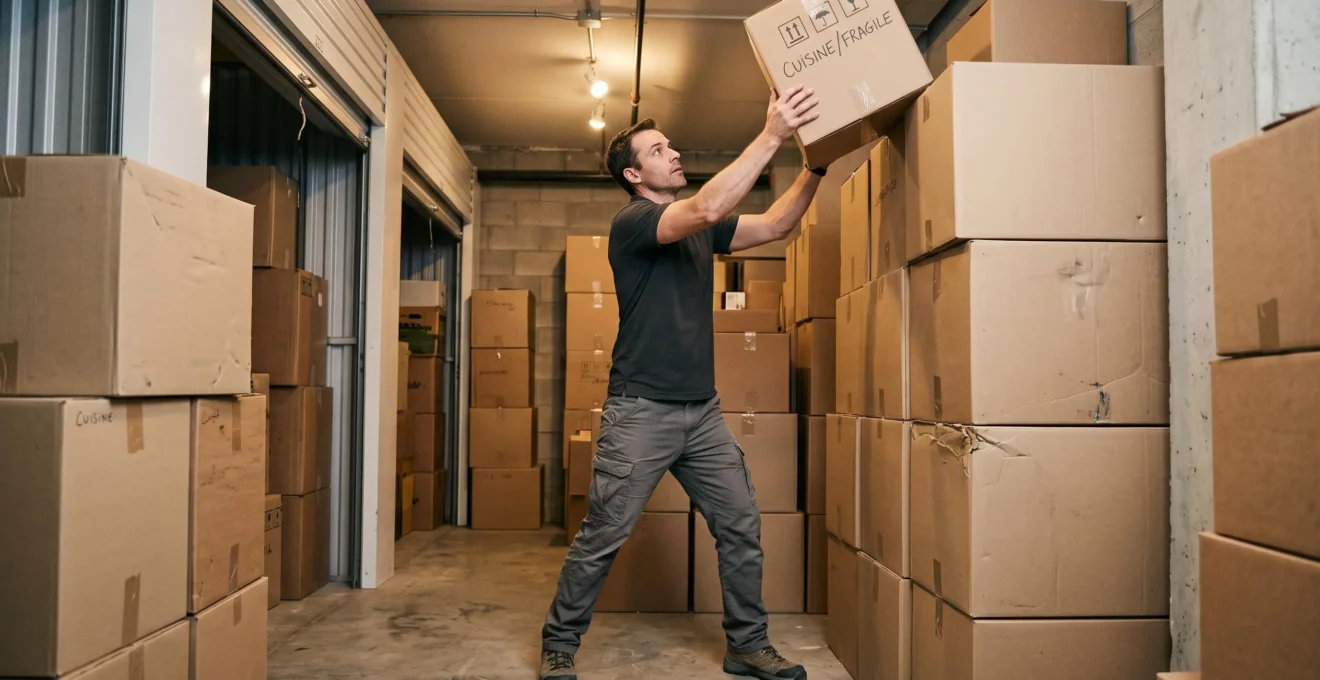 Homme empilant un carton de déménagement sur une colonne haute de cartons dans un box de stockage