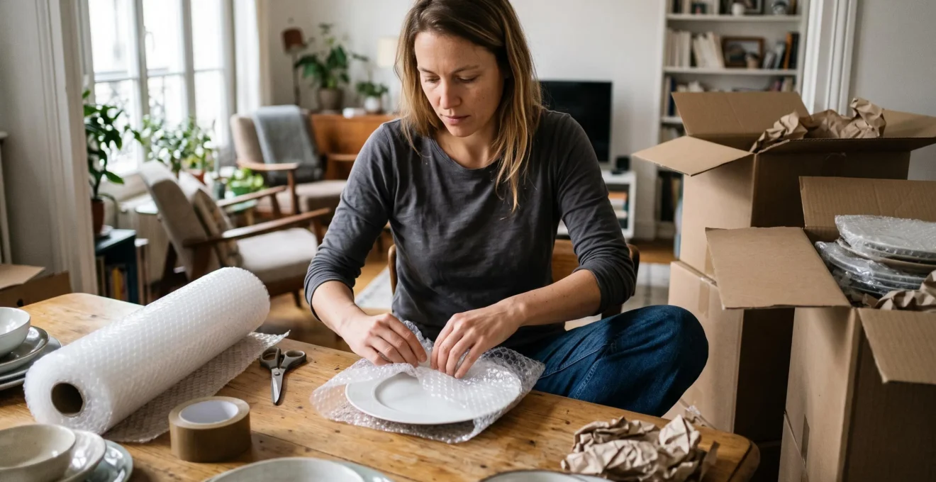 Femme enveloppant soigneusement de la vaisselle avec du papier bulle sur une table avant entreposage